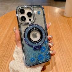 Imagem de Caso de suporte de luxo flor glitter diamante para iphone 14 11 12 15 13 pro max 14 15plus caso capa à prova de choque, azul, para iphone 15 promax