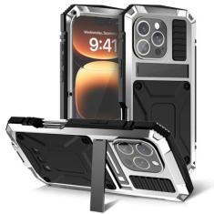 Imagem de Capa de metal compatível com iPhone 16 Pro Max 5G com suporte, protetor de tela integrado, capa para câmera, armadura militar resistente, durável, resistente, à prova de choque, testada contra quedas