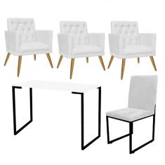 Imagem de Kit Escritório Stan 3 Poltronas Maria com Cadeira e Mesa Industrial Branco Preto Tecido Sintético Branco - Ahz Móveis