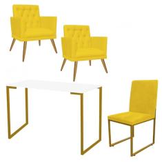 Imagem de Kit Escritório Stan 2 Poltronas Maria e Cadeira e Mesa Industrial Branco Dourado Tecido Sintético Amarelo - Ahz Móveis