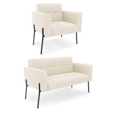 Imagem de Sofá Namoradeira E Poltrona Base Pé De Ferro Preto Elisa Veludo Bege D03 - D'rossi