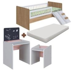 Imagem de Conjunto Cama Montessoriana Com Mesa Infantil Aveiro Oak Branco Rosa S