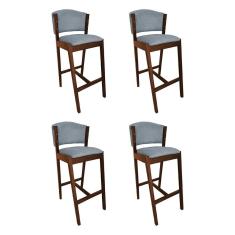 Imagem de Kit 4 Banquetas Alta De Madeira Maciça Natural Premium Ana Com Encosto Linho Cinza