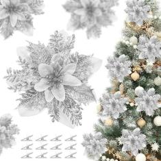 Imagem de OCTERIC 36 peças de flores de poinsétia com glitter de Natal, ornamentos artificiais, flores falsas, decorações de Natal, poinsétia brilhante com clipes, decoração de Natal para enfeites de guirlandas