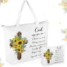 Imagem de Abbylike 2 peças de sacola de lona de girassol cristã com bolsa de maquiagem, versículo bíblico, bolsa religiosa, conjunto de bolsa religiosa para presente de Natal, Como mostrado nas imagens., One