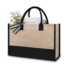 Imagem de TOPDesign Sacola de juta/lona com inicial, bolsa de presente personalizada, adequada para casamento, aniversário, praia, feriado, é um ótimo presente para mulheres, mães, professores,