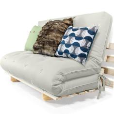Imagem de Sofa Cama Casal Futon Oriental Branco Off Sarja Impermeável Com Madeira Maciça