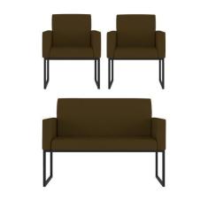 Imagem de Kit 2 Poltrona + Sofá 2 Lugares Com Base Ferro Preta Material Sintétic