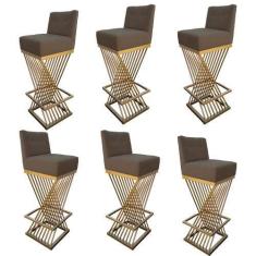 Imagem de Kit 06 Banquetas Luma Base de Ferro Sued Marrom Rato - D'Classe Decor