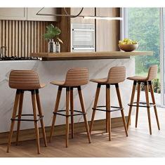 Imagem de KIT 4 BANQUETAS ALTAS LUXO LINEA AÇO PRETO LINHO TERRACOTA BASE CARVALHO