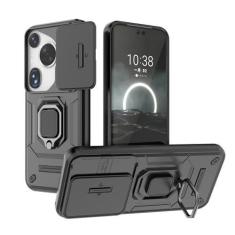 Imagem de SORAKA Capa para Huawei Pura 70 Ultra com suporte para anel e tampa deslizante para câmera Capa Huawei Pura 70 Ultra com placa de metal para suporte magnético Capa de camada dupla em PC e TPU