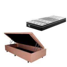 Imagem de Cama Box Solteiro Baú Suede Bege + Colchão Gransleep Ecoflex Mola Vert