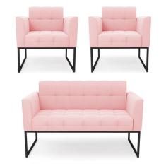 Imagem de Kit 1 Sofá Namoradeira e 2 Poltronas Elisa Suede Rosa Bebê Base Metáli