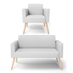 Imagem de Sofá Namoradeira Com Poltrona Pés Palito Natural Marisa Linho Cinza A05 D03 - D`rossi