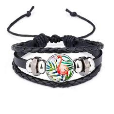 Imagem de DIYthinker Pulseira com contas de couro trançado com flores de flamingo, plantas tropicais