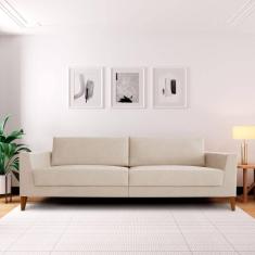 Imagem de Sofá 3 Lugares 210cm Break Estilo Moderno Linho Pés em Madeira Maciça Bege/Cinza Claro