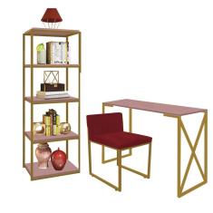 Imagem de Kit Escritório Bex 1 Cadeira Suede Vermelho com 1 Mesa e 1 Livreiro Ferro Dourado MDF Rose Rosa - Ahazzo Móveis