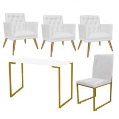 Imagem de Kit Escritório Stan 3 Poltronas Maria e Cadeira e Mesa Industrial Branco Dourado Tecido Sintético Branco - Ahz Móveis