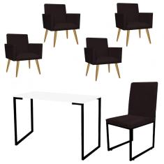 Imagem de Kit Escritório Stan 4 Poltronas com Cadeira e Mesa Industrial Tampo Branco Preto Tecido Sintético Marrom - Ahz Móveis