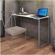Imagem de Kit Escritório Clark Cadeira e Mesa Industrial Ferro Prata Tampo MDF Branco Sintético Bege - Ahz Móveis