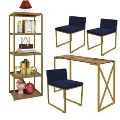 Imagem de Kit Escritório Bex 3 Cadeiras Suede Azul Marinho com 1 Mesa e 1 Livreiro Ferro Dourado MDF Caramelo - Ahazzo Móveis
