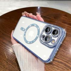 Imagem de Luxo diamante macio tpu claro brilho caso para iphone 15 11 12 13 14 pro max mais capa de carregamento magnético sem fio, azul, para iphone 14 pro