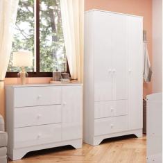Imagem de Quarto Infantil com Guarda Roupa e Cômoda 100% MDF Cocada Branco Brilho