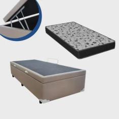 Imagem de Cama Box Baú Solteiro Colchão Espuma D33 Bordado + Box Bege 56X88X188