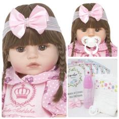 Imagem de Bebê Boneca Estilo Reborn Real Cabelo Castanho + Enxoval - Cegonha Reb