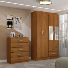 Imagem de Guarda-Roupa Solteiro Eden 4 Portas 2 Gavetas e Espelho com Cômoda 5 Gavetas Cinamomo - Panorama Móveis