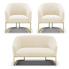 Imagem de Sofá Namoradeira e 2 Poltronas Base Industrial Dourado Stella Veludo Bege D03 - D'Rossi