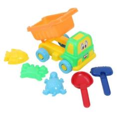 Imagem de Caminhão Basculante Areia Com Forminhas Pá Rastelo 6 Itens - Pica Pau