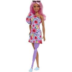 Imagem de Boneca Barbie Fashionistas 189, Cabelo Rosa, Vestido Floral, Óculos de Sol, Perna Prótese, Ténis, Brinquedo 3-8 Anos.