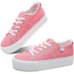 Imagem de Obtaom Tênis feminino de lona plataforma branco confortável para brincar na moda, casual, plataforma elevatória, com cadarços, sapatos bonitos de caminhada de cano baixo para mulheres, Rosa, branco,