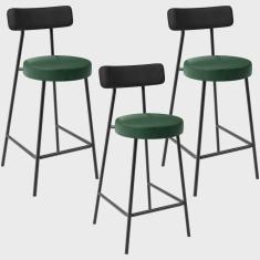Imagem de Kit 03 Banquetas Baixa Cozinha Sala Jantar Bancada Milão L02 Couríssimo Preto Verde - Lyam Decor