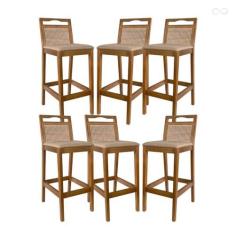 Imagem de Kit 6 Banquetas Alta para Balcão em Madeira Estofada Valência Rattan Amêndoa Linho Bege CCS