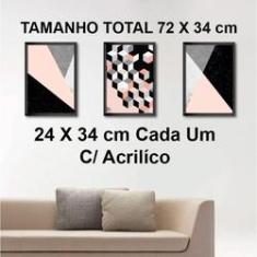 Imagem de Kit Conjunto 3 Quadros Decorativos Triângulos E Quadrados  E  Com Vidro