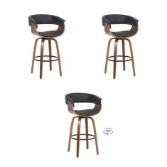 Imagem de Kit 3 Banquetas Betim Preto Poliuretano Base Madeira - Rivatti