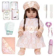 Imagem de Boneca Bebê Reborn 100% Silicone Cabelos Castanhos 12 Itens