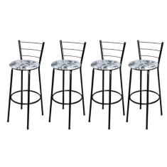 Imagem de Jogo 4 Banqueta Alta Para Cozinha Epoxi Preta Estofado Floral - Lamar 