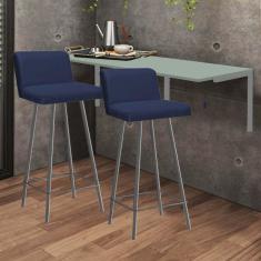 Imagem de Kit Mesa Suspensa de Parede Fixa MDF Verde Oliva + 2 Banquetas Lexi Ferro Prata Sintético Azul Marinho - Ahazzo Móveis