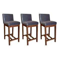 Imagem de Kit 3 Banquetas Média Estofadas Lisboa 90 Cm Madeira Maciça Suede Cinza CCS