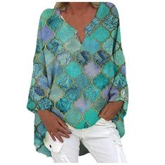Imagem de Camiseta regata feminina de algodão e linho, plus size, gola V, manga comprida, estampa xadrez de verão, plus size, Verde, XXG