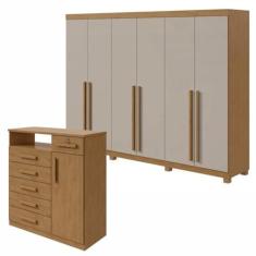 Imagem de Conjunto de Guarda-roupa 6 Portas com Pés Bertha com Cômoda Da Vinci Amêndoa Clean/off White