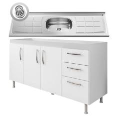 Imagem de Balcão Gabinete Pia Inox 160cm Nathan 3 Portas Branco - Nathy Móveis