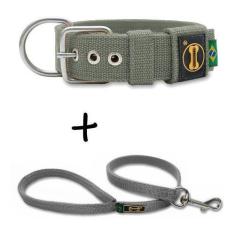 Imagem de Coleira Cachorro Grande Pit Bull + Guia 80cm (Cinza) - Amorosso