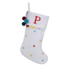Imagem de SIRIPHUM Meia de Natal branca com monograma inicial de 19,5 polegadas personalizada, letra bordada de lã com pompons decoração para decoração de festa de Natal em família - P