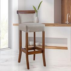 Imagem de Banqueta Alta com Encosto Estofada 36 x 100 Cm Diamantina Madeira Maciça Linho Bege M58 - RMI