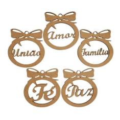 Imagem de Kit com 5 Enfeites Bolinhas de Natal com Palavras MDF CRU