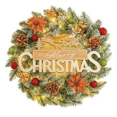 Imagem de Guirlanda de Natal artificial pré-iluminada, decorada com enfeites de bola, decorada com pinhas, galhos foscos, Natal, para ambientes internos e externos, janela de casa, parede, feriado (C, com